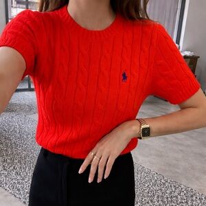 Polo Ralph Lauren Cable Knit Short Sleeve Sweater Red XS NWT